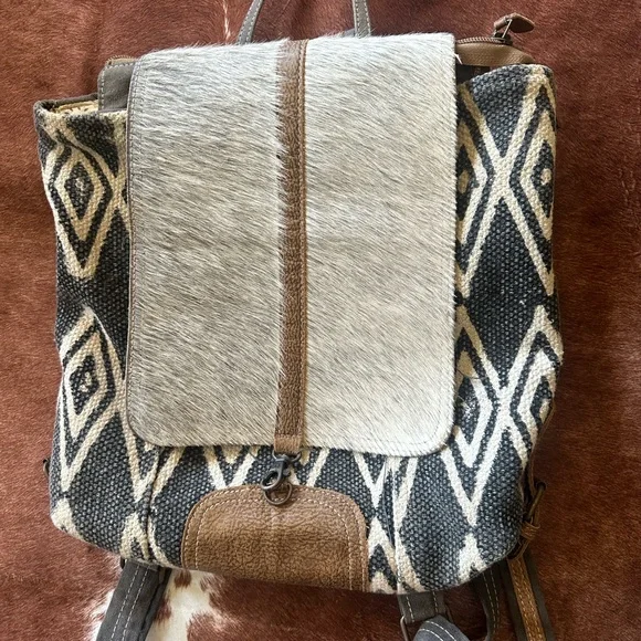 Myra Bag Black and Brown Patterned Backpack NEW Myra Backpack Bag Upcycled Canvas & Hair-On Cowhide  main image 4